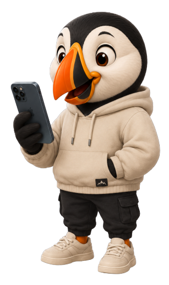 Marco the puffin traveler with phone